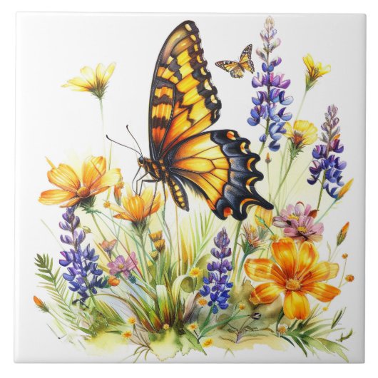 Schmetterling und Wildblumen Keramik Tile Fliese (Vorderseite)