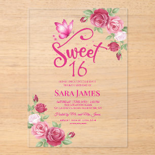 Schmetterling Verzauberte Rose Sweet 16 Geburtstag Acryleinladungen