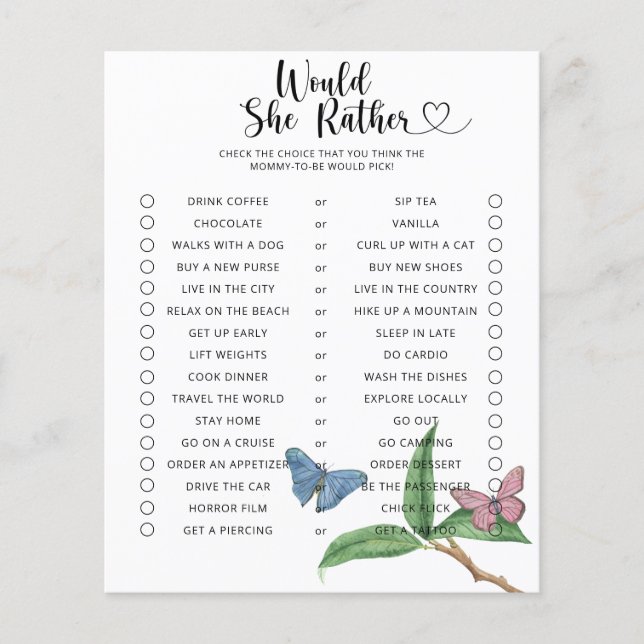 Schmetterling / Würde sie eher Baby-Duschspiel (Vorderseite)