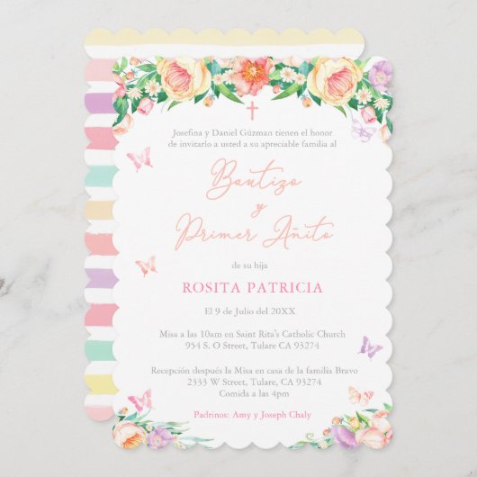 Schmetterlinge 1. Geburtstag Taufe für Mädchen, Sp Einladung (Vorne/Hinten)