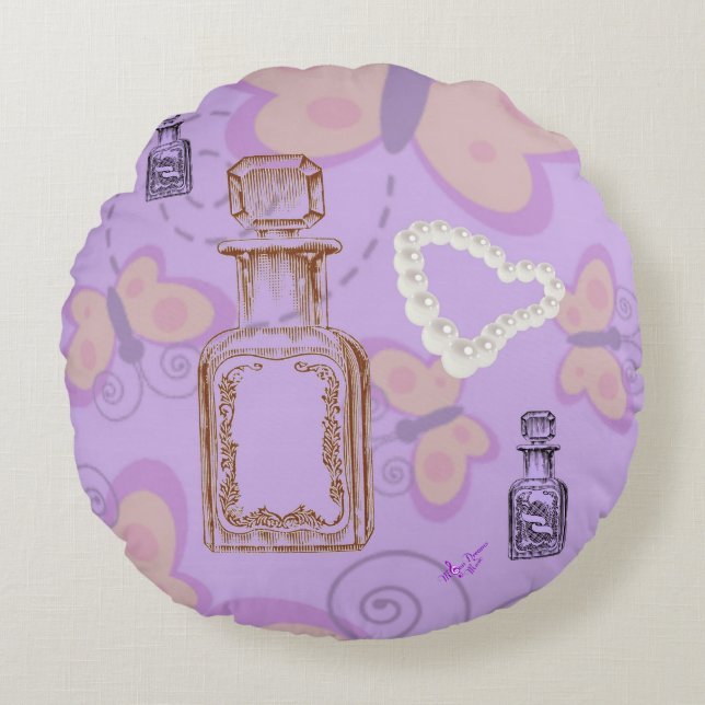 Schmetterlinge, Apothekenpfeifen und Perlen, Rundk Rundes Kissen (Vorderseite)