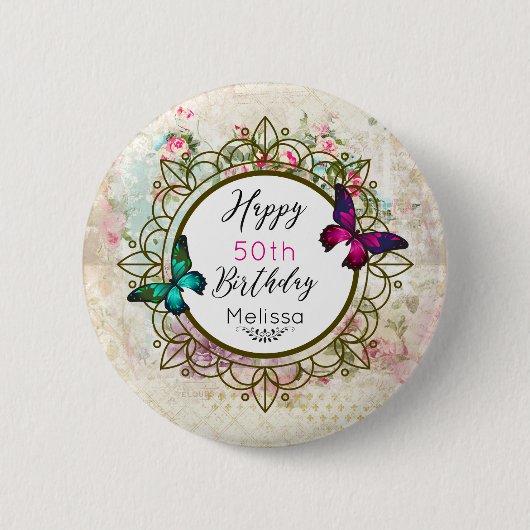 Schmetterlinge auf einer schäbigen Vintage-Collage Button (Vorderseite)
