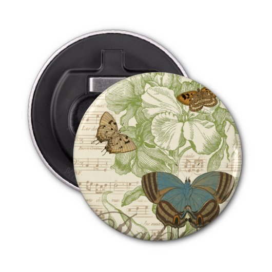 Schmetterlinge auf Noten mit Blumendesign Flaschenöffner (Vorderseite)