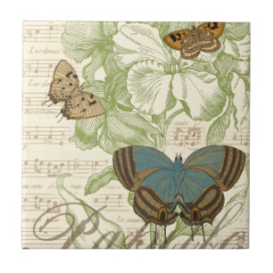 Schmetterlinge auf Notenpapier mit Blumendesign Fliese