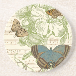 Schmetterlinge auf Notenpapier mit Blumendesign Getränkeuntersetzer