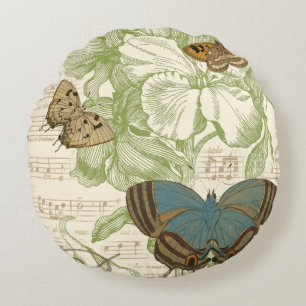 Schmetterlinge auf Notenpapier mit Blumendesign Rundes Kissen
