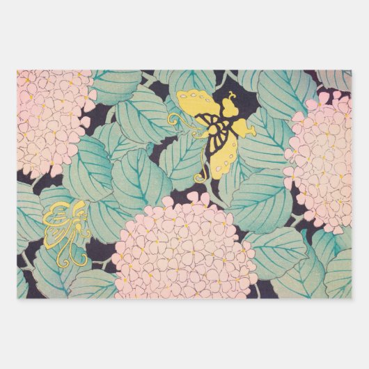 Schmetterlinge auf Pink Hydrangea Vintag Japanisch Geschenkpapier Set (Vorderseite)