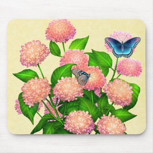 Schmetterlinge auf rosa Hydrangeas Mousepad (Vorne)