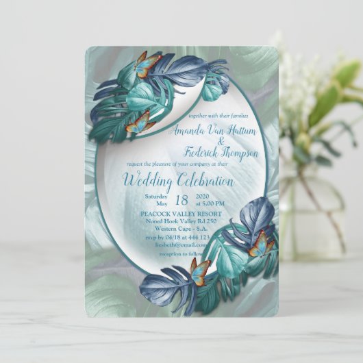 Schmetterlinge aus Paradies/tropisch-türkisfarbene Einladung (Stehend Vorderseite)