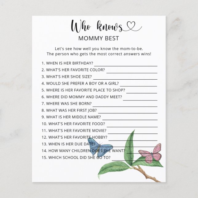 Schmetterlinge Babydusche, Wer kennt Mama am beste (Vorderseite)