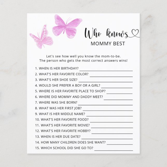 Schmetterlinge Babydusche, Wer kennt Mama am beste (Vorderseite)