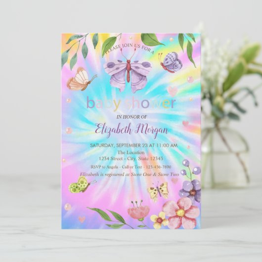 Schmetterlinge Blume Gefärbte Krawatte Kinderdusch Einladung (Stehend Vorderseite)