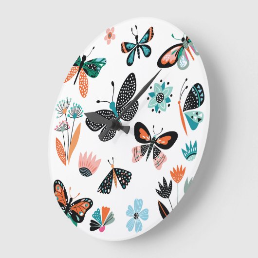 Schmetterlinge Blume: Handgezeichnete Sammlung Große Wanduhr (Winkel)