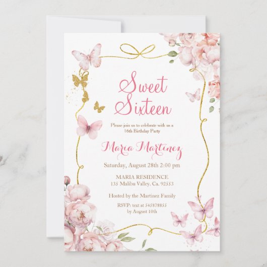 Schmetterlinge Blume mit Gold Glitzer Sweet 16 Einladung (Vorderseite)