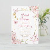 Schmetterlinge Blume mit Gold Glitzer Sweet 16 Einladung (Stehend Vorderseite)
