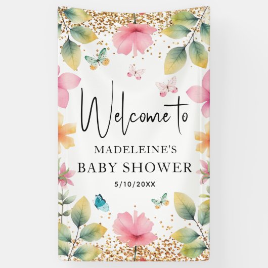 Schmetterlinge Blume Pink Baby Dusche Empfang Banner (Vertikal)