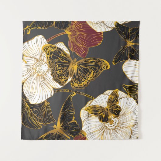 Schmetterlinge & Blumen: Boho Frühlingsmuster Wandteppich (Vorderseite)