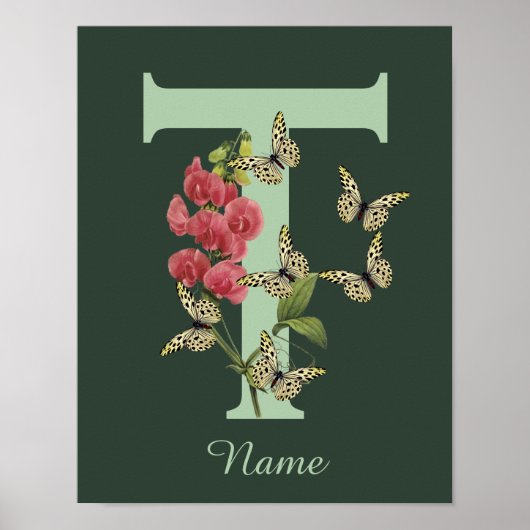 Schmetterlinge Blumen Monogramm Anfangs T Personal Poster (Vorne)