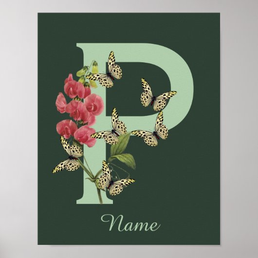 Schmetterlinge Blumen Monogramm Anfangsbuchstabe P Poster (Vorne)