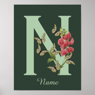 Schmetterlinge Blumen-Monogramm Initiale N Persona Poster