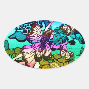 Schmetterlinge, Blumen, Regenbogen, Engel Ovaler Aufkleber
