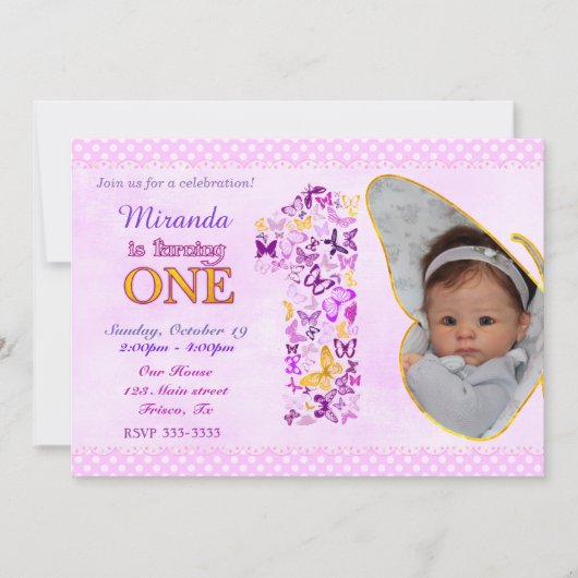 Schmetterlinge Einladung zum ersten Geburtstag (Vorderseite)