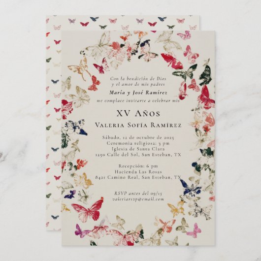 Schmetterlinge Elegant Quinceñera 15. Geburtstag Einladung (Vorne/Hinten)