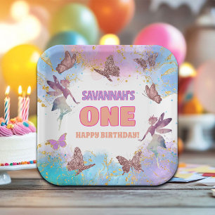 Schmetterlinge Fee Gold Glitter 1. Geburtstagsfeie Pappteller