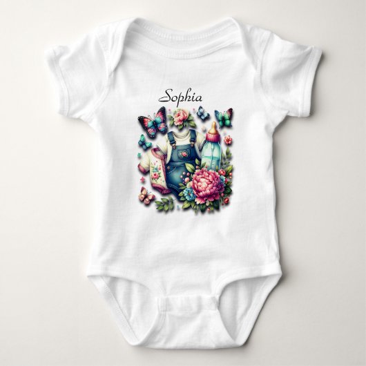 Schmetterlinge, Flaschenwasser und blauer Jeans Fr Baby Strampler (Vorderseite)