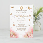 Schmetterlinge Floral Gold Foil Bat Mitzvah Einladung (Stehend Vorderseite)