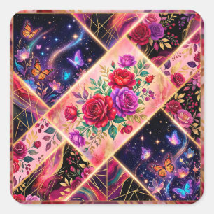 Schmetterlinge, florale Träume und goldene Eleganz Quadratischer Aufkleber
