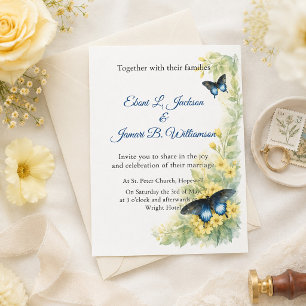 Schmetterlinge & Goldene Blüten Aquarell-Hochzeit  Einladung