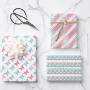 Schmetterlinge, Herzen, Streifen, Punkte und Karie Geschenkpapier Set