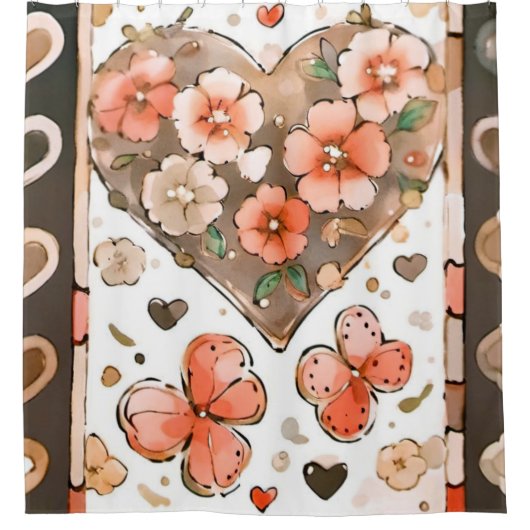 Schmetterlinge, Herzen und Blume Duschvorhang (Vorderseite)