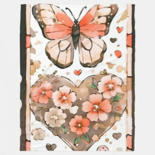 Schmetterlinge, Herzen und Blume Fleecedecke