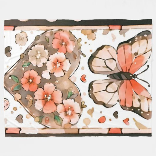 Schmetterlinge, Herzen und Blume Fleecedecke (Vorderseite (Horizontal))
