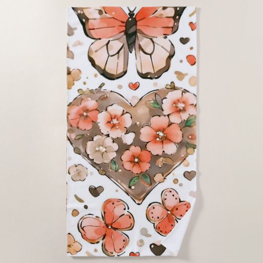 Schmetterlinge, Herzen und Blume Strandtuch (Vorderseite)