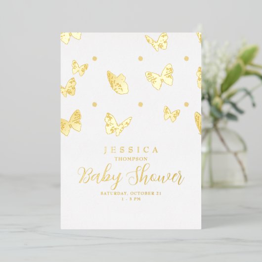 Schmetterlinge im Air Baby Shower Gold Folieneinladung (Stehend vorne)