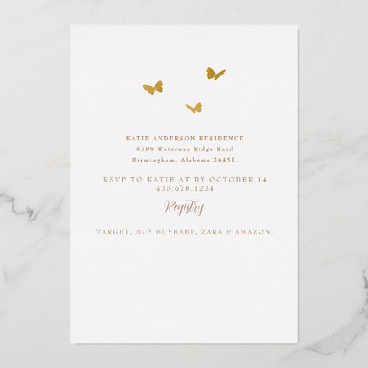 Schmetterlinge im Air Baby Shower Gold Folieneinladung (Rückseite)