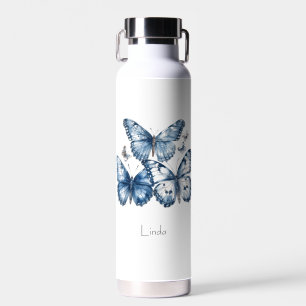 Schmetterlinge in Delfter Blau, anpassbar Trinkflasche