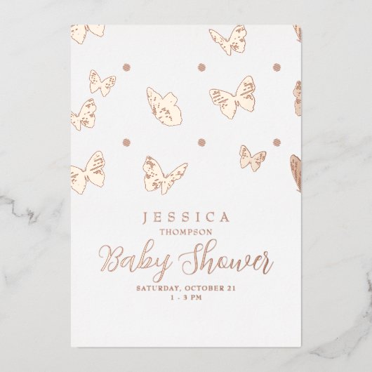 Schmetterlinge in der Air Baby Shower Rose Folieneinladung (Vorderseite)