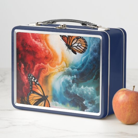 Schmetterlinge in einem bunten Sturm. Metall Brotdose (Beispiel)