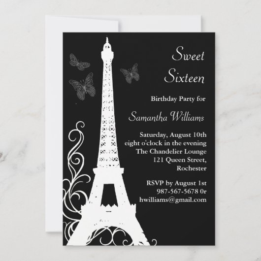 Schmetterlinge in Paris Birthday Invite Black Einladung (Vorderseite)