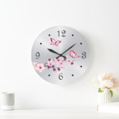 Schmetterlinge Kirschblüten Silber Große Wanduhr (Zuhause)