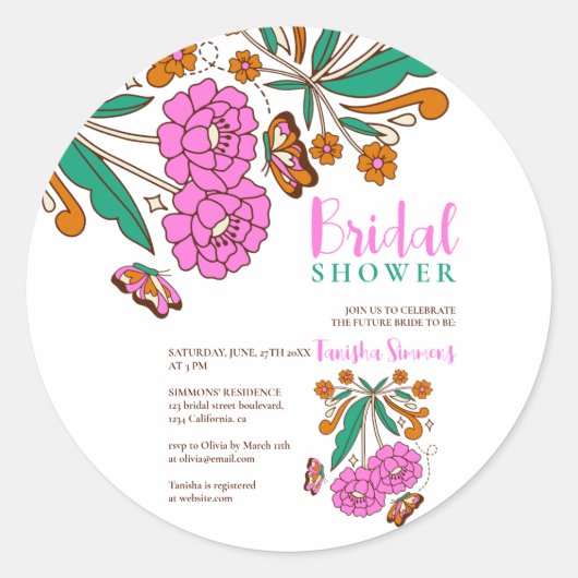 Schmetterlinge Liebhaber Pink Floral Script Bridal Runder Aufkleber (Vorderseite)