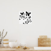 Schmetterlinge mit Blume schwarz auf weißes Plakat (Küche)