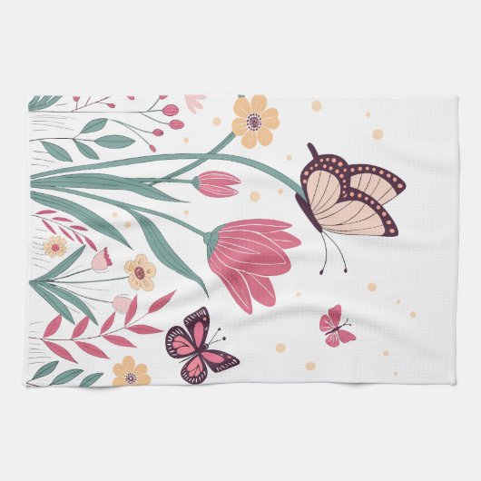 Schmetterlinge mit rosa Tulips und gelben Milben Geschirrtuch (Horizontal)