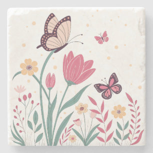 Schmetterlinge mit rosa Tulips und gelben Milben Steinuntersetzer