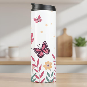 Schmetterlinge mit rosa Tulips und gelben Milben Thermosbecher