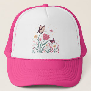 Schmetterlinge mit rosa Tulips und gelben Milben Truckerkappe